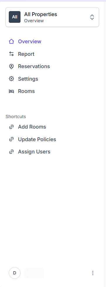 Main navigation menu screenshot showing property management options and shortcuts