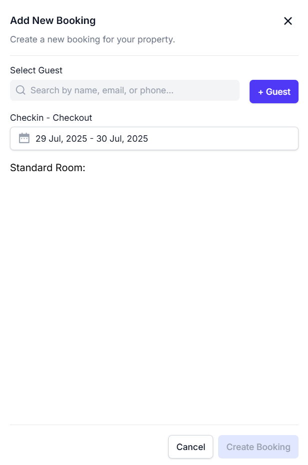 Add new booking modal screenshot showing fields for guest, check-in date, amount, OTA, and status