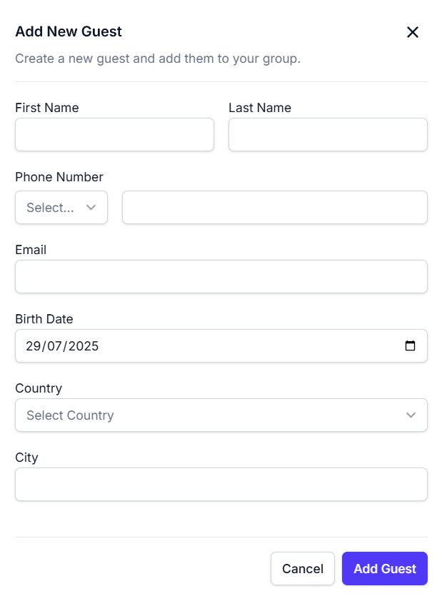 Add new guest modal screenshot showing fields for guest details such as name, email, and phone