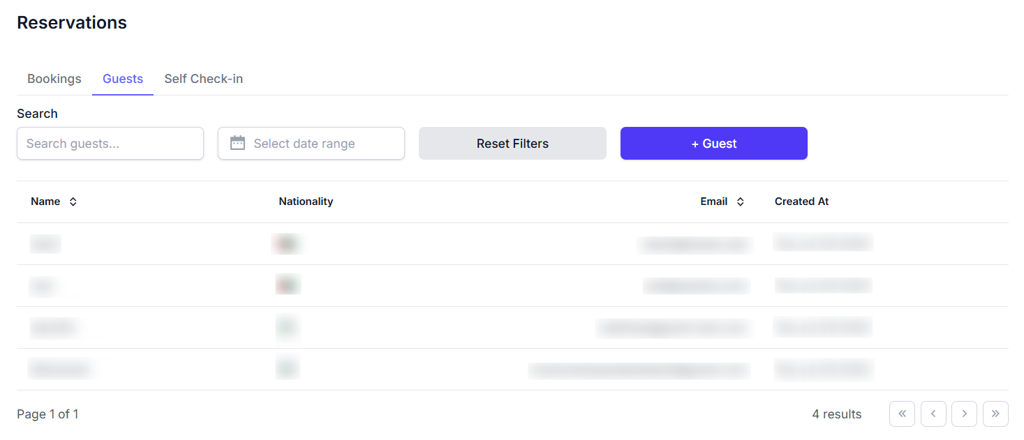 Guests tab screenshot showing a table of guest records with name, nationality, email, created date, and add guest button