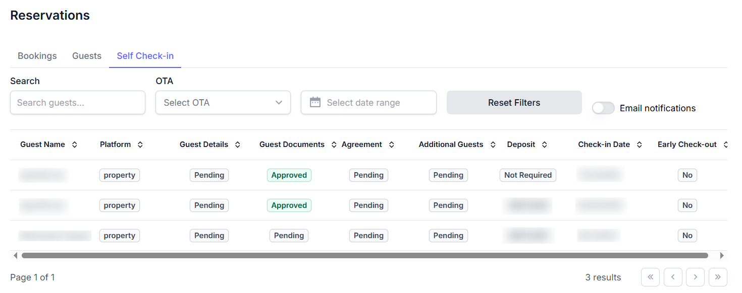 Self check-in tab screenshot showing filters, email notifications toggle, and a table of self check-in records