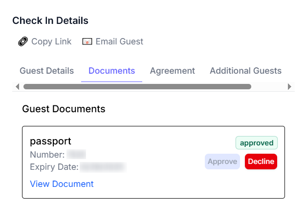 Guest documents modal screenshot showing uploaded document status and actions in the self check-in process