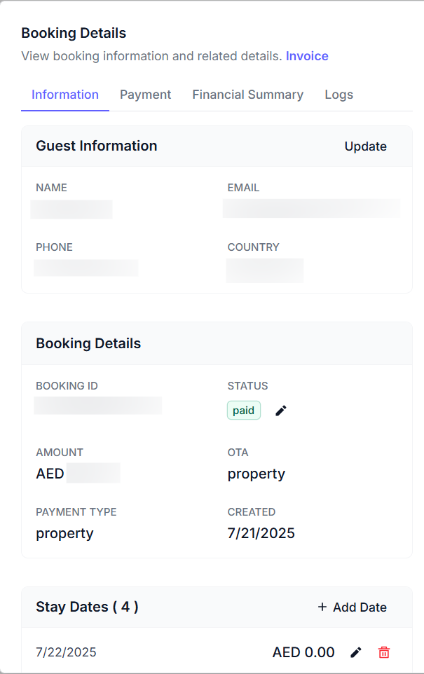 Booking details screenshot showing tabs for information, payment, financial summary, logs, and guest/booking fields