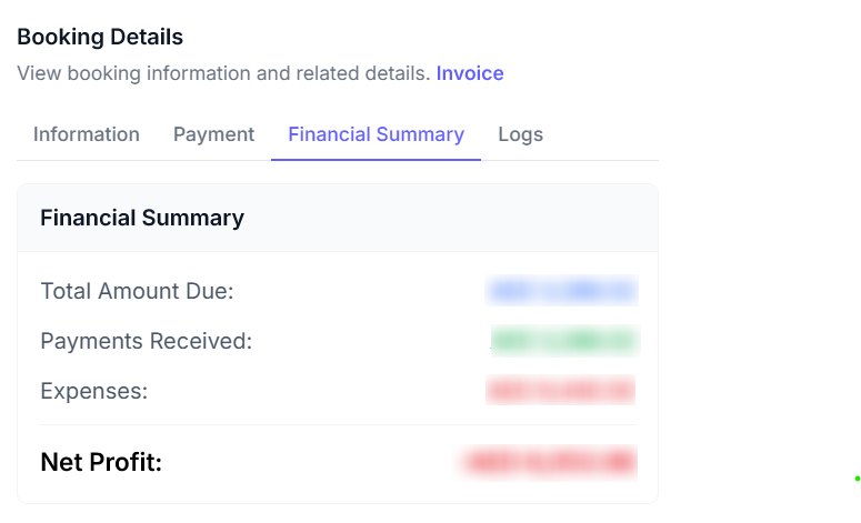 Financial summary screenshot showing total amount due, payments received, expenses, and net profit for a booking