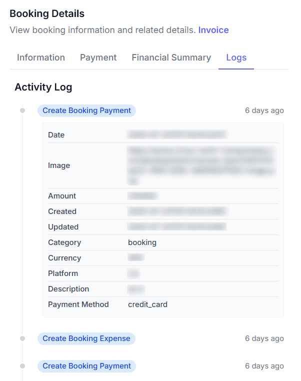 Booking details logs screenshot showing activity list with descriptions and timestamps