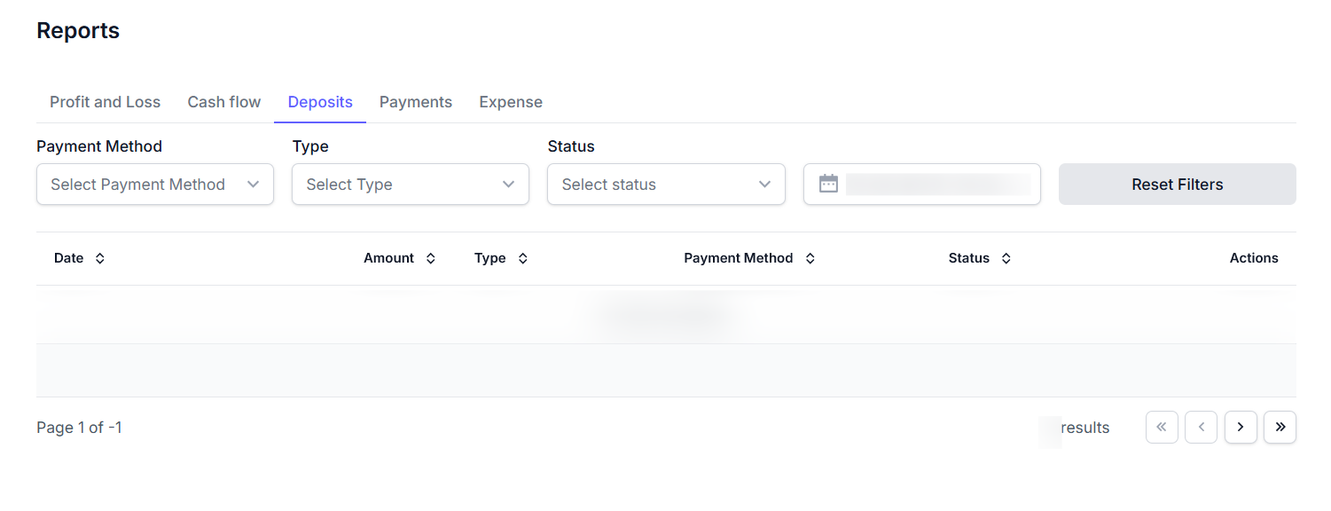 Deposits report screenshot showing filters and a table of deposit transactions