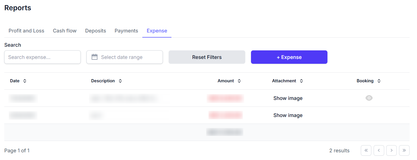 Expenses report screenshot showing filters and a table of expense transactions