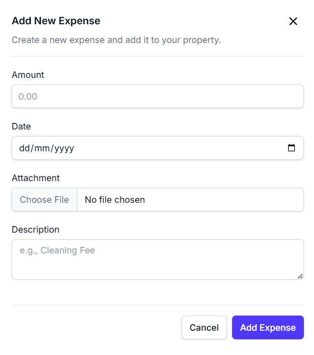 Add expense modal screenshot showing fields for amount, date, category, attachment, description, and action buttons