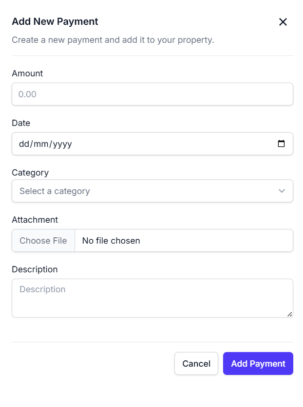 Add payment modal screenshot showing fields for amount, date, category, attachment, description, and action buttons