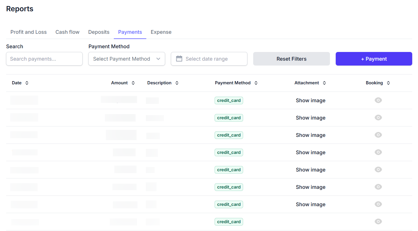 Payments report screenshot showing filters, a table of payment transactions, and payment management options