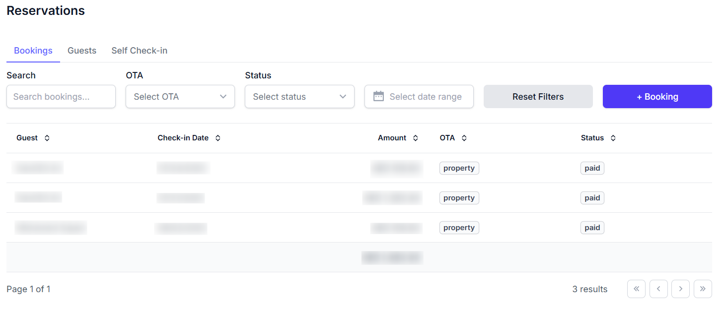 Bookings tab screenshot showing filters, a table of reservations, total amount display, and add booking button
