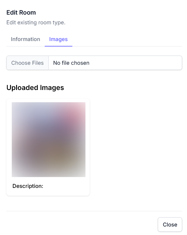 Edit room images modal screenshot showing image upload, thumbnails, and remove image options for a room type