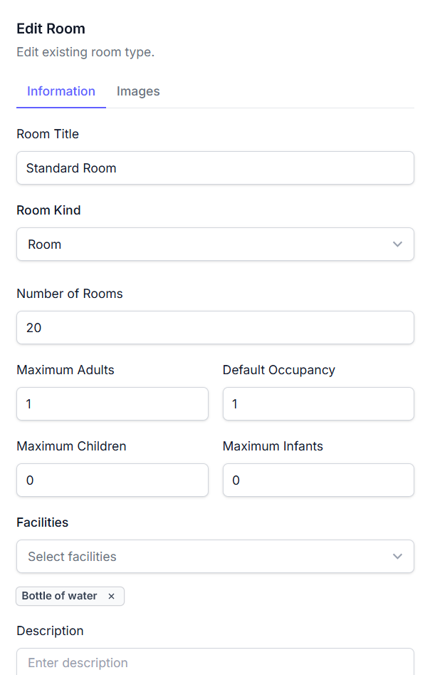 Edit room information modal screenshot showing fields for room title, kind, number of rooms, occupancy, facilities, and description