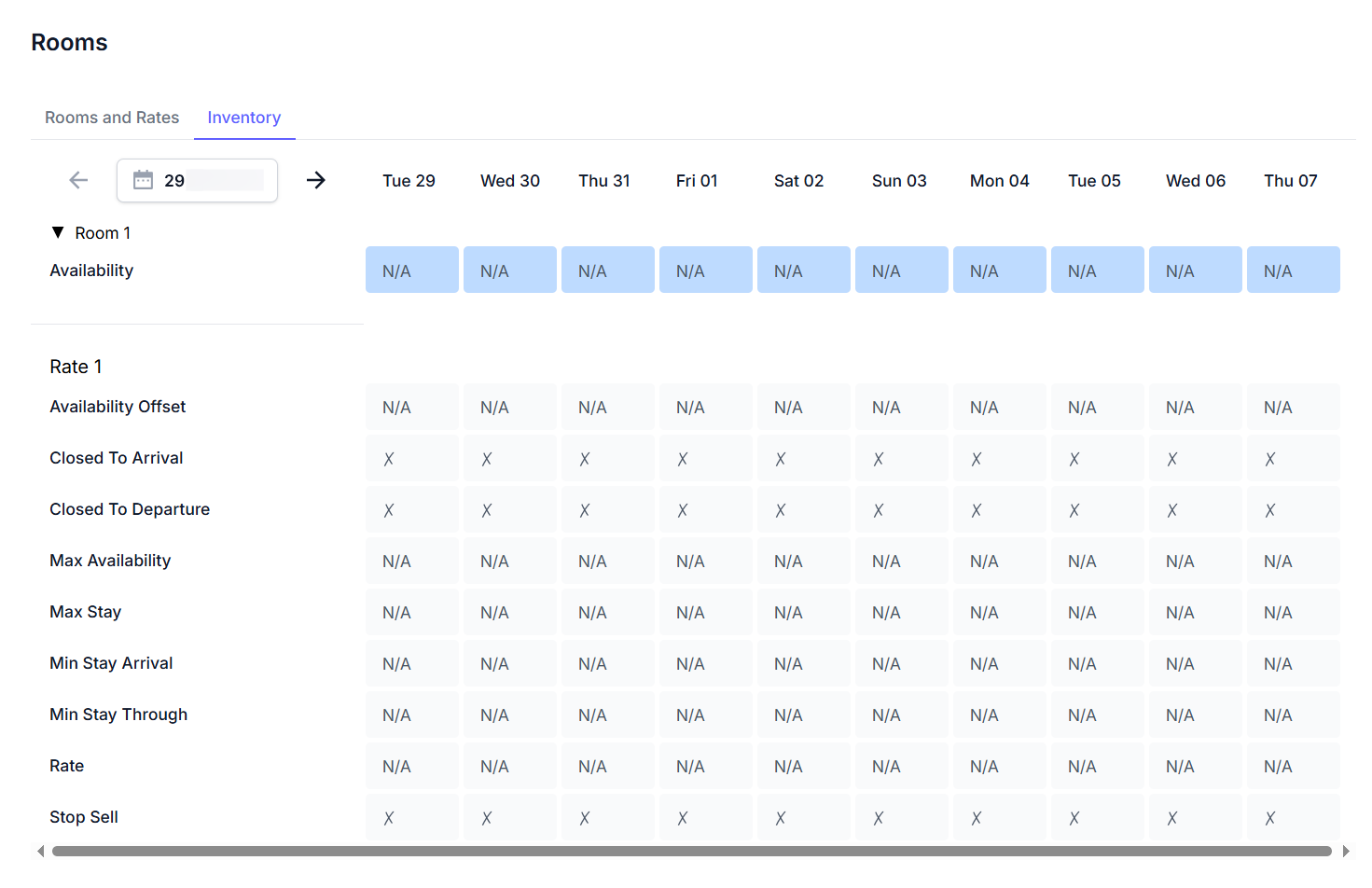Inventory tab screenshot showing a calendar grid of room types, rate plans, availability, rates, and restrictions for each day