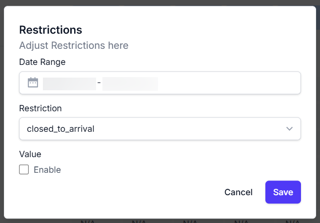 Restrictions modal screenshot showing enable checkbox for stop sell or closed to arrival/departure restrictions in inventory management