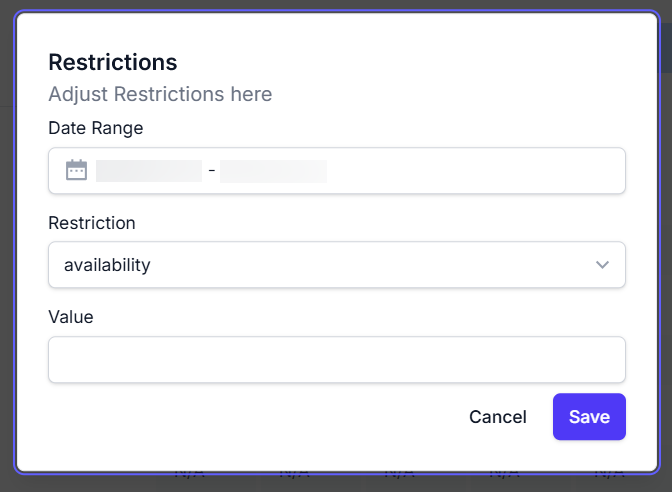 Restrictions modal screenshot showing date range selection, restriction type dropdown, value input, and save/cancel buttons for inventory management