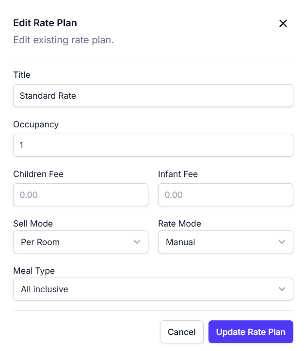 Edit rate plan modal screenshot showing editable fields for an existing rate plan
