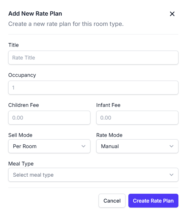 Add new rate plan modal screenshot showing fields for title, occupancy, children fee, infant fee, sell mode, rate mode, and meal type