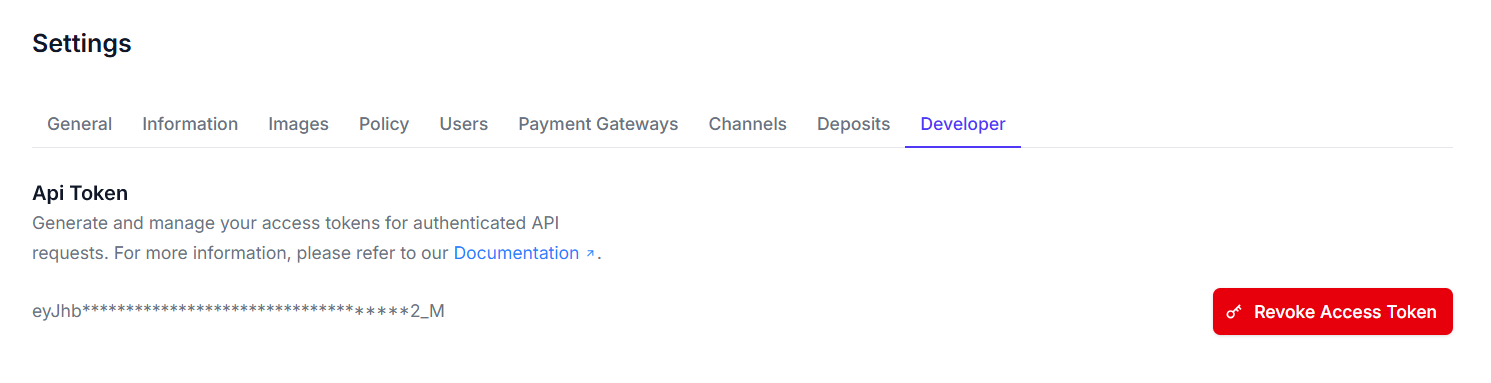 Developer tab screenshot showing API token display, documentation link, and revoke access token button