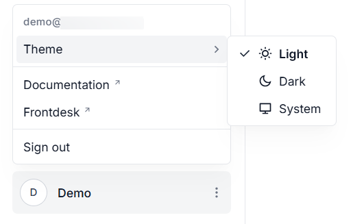 Settings dropdown screenshot showing user info, theme switcher, documentation link, frontdesk access, and sign out option