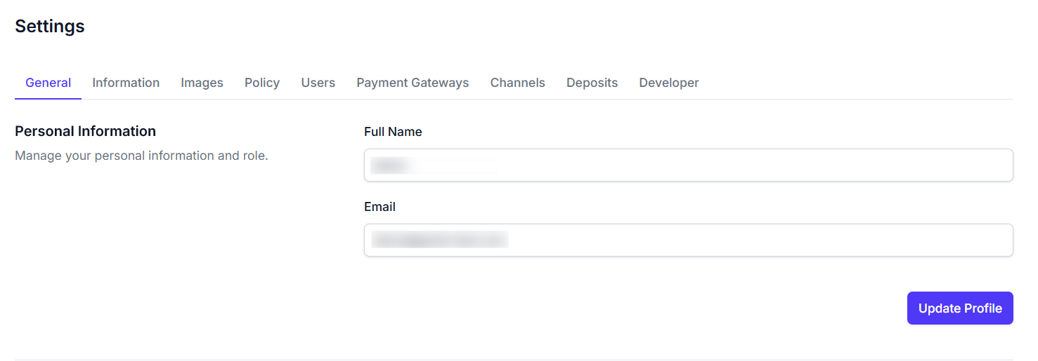 General settings tab screenshot showing personal information fields for full name, email, and update profile button