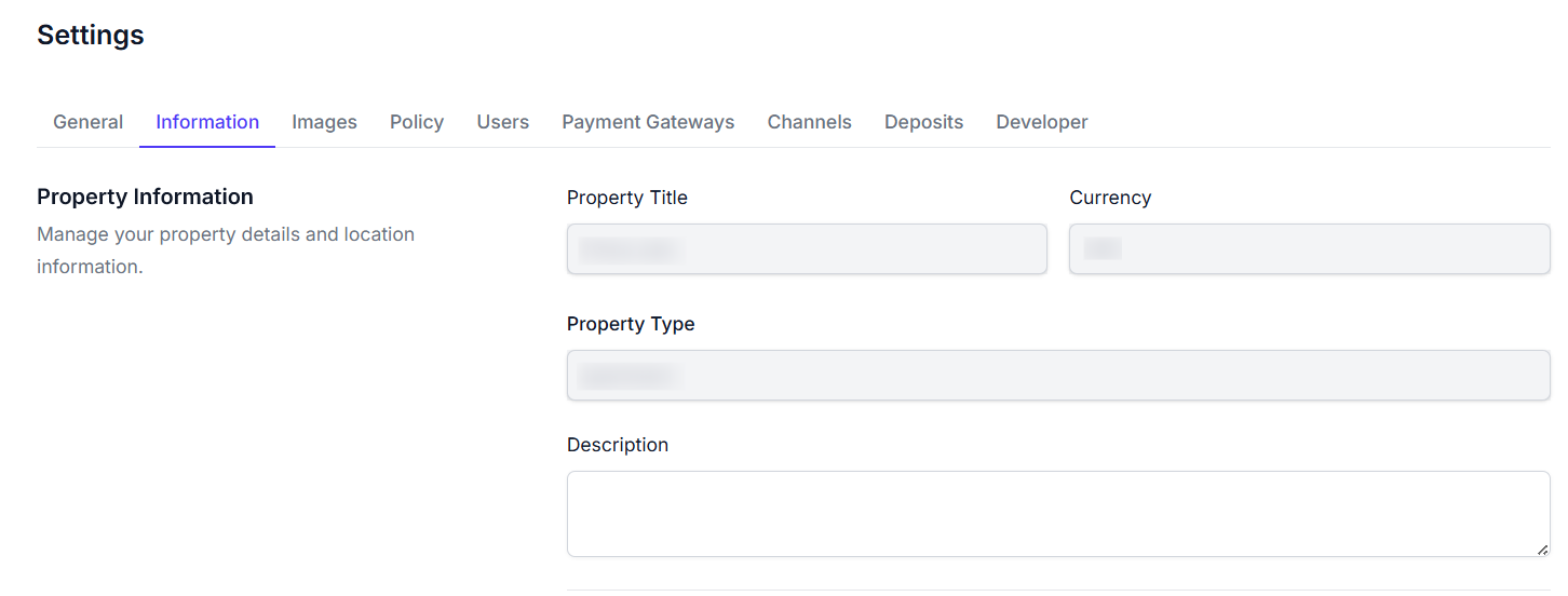 Property identification section screenshot showing fields for property title, currency, property type, and description