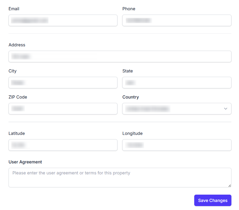 Screenshot showing fields for property contact information, location details, and user agreement in the settings information tab