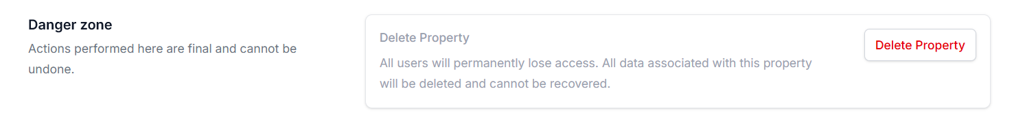 Danger zone section screenshot showing the delete property button for permanent property removal