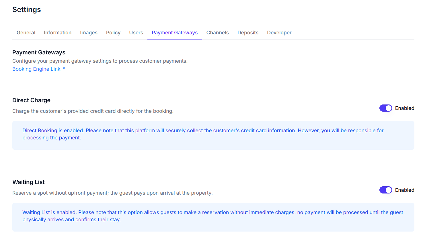 Payment gateways tab screenshot showing booking engine link, direct charge, and waiting list options
