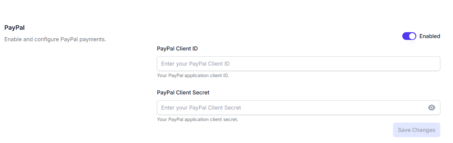 PayPal integration section screenshot showing client ID and secret fields, enabled toggle, and save changes button