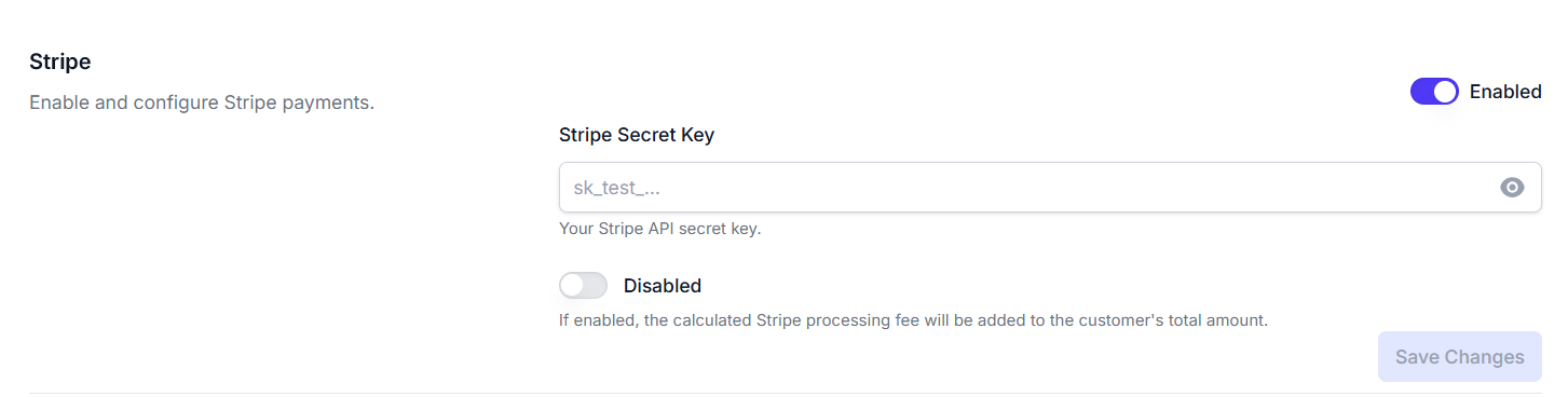 Stripe integration section screenshot showing API key field, enabled toggle, processing fee option, and save changes button