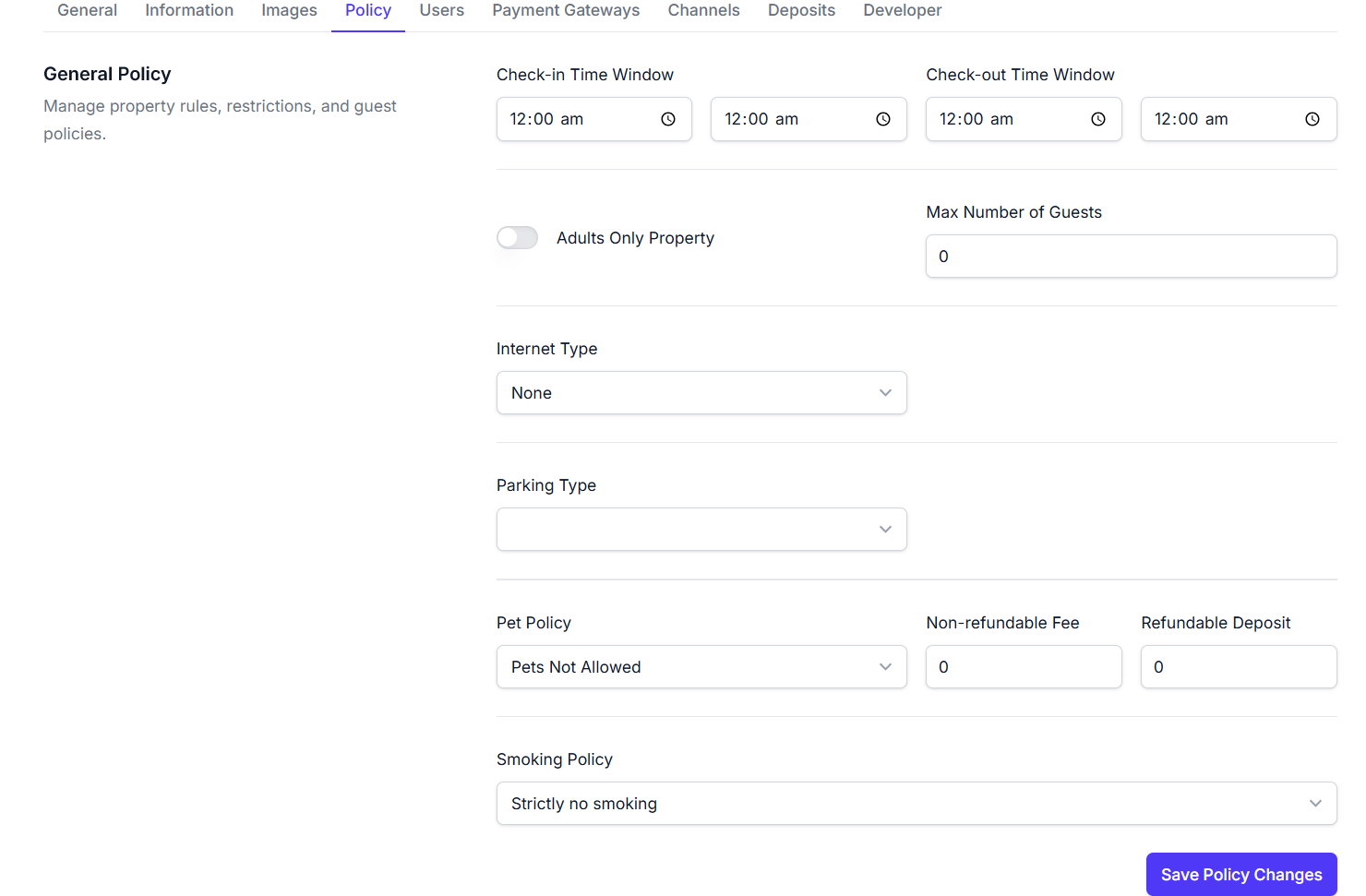 Policy tab screenshot showing check-in and check-out time settings, guest restrictions, amenities, house rules, and financial policy fields