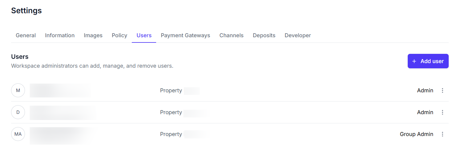 Users tab screenshot showing a table of registered users with names, emails, roles, and property assignments
