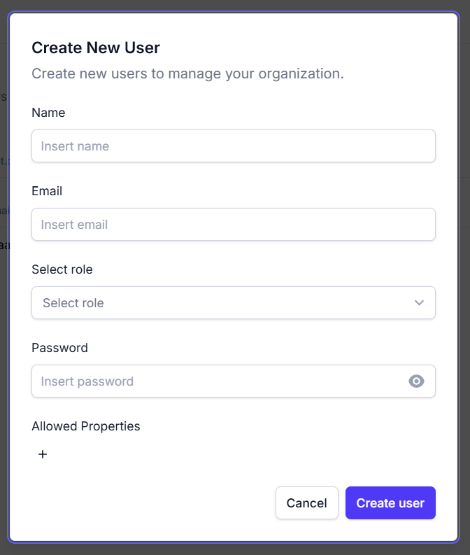 Create new user modal screenshot showing fields for name, email, role selection, password, and allowed properties