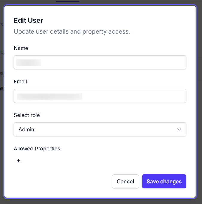 Edit user modal screenshot showing fields for name, email, role selection, and allowed properties