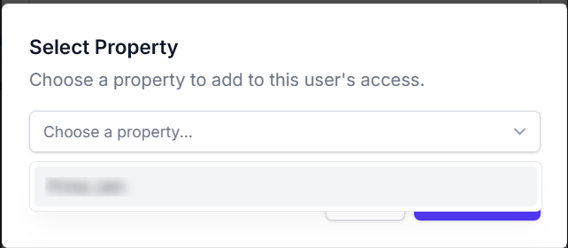 Property access modal screenshot showing property selection options for user permissions